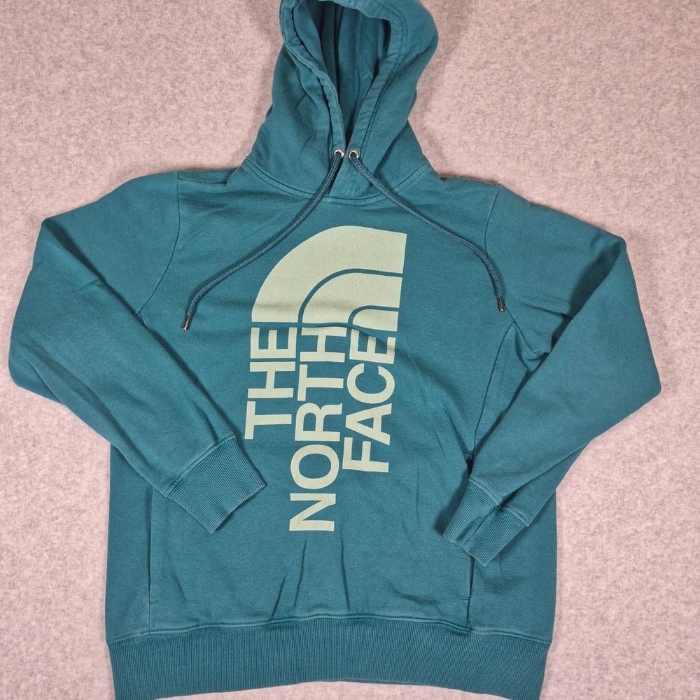 The North Face Hoodie Womens Medium Teal Green Big Logo Pullover Sweatshirt